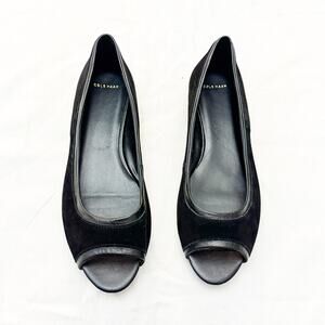 Cole Haan Peep Toe Suede Leather Lined Flat Shoes Black Size 10